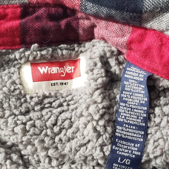 Wrangler  Red Black Grey  Flannel shirt jacket  Fleece Lined  Men's Large - Picture 2 of 4